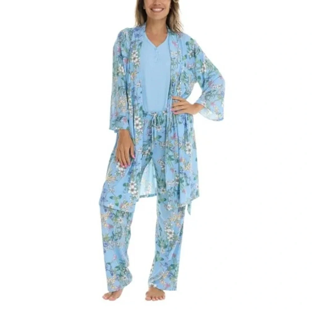 Flora Nikrooz Womens 3-Piece Pajama Set Blue Floral Robe Tank Pants 2XL New